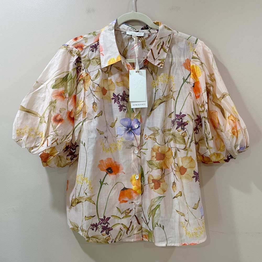 NWT Lucky & Coco Women's 1X Floral Print Button Up Puff Sleeve Top Multi Boho